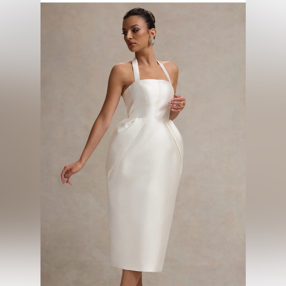 Club L London COSETTA
WHITE HALTER-NECK MIDI DRESS WITH TULIP SKIRT - Picture 9 of 10